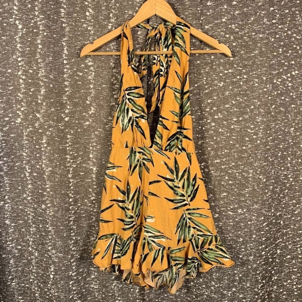Angel Biba Tropical Print Ruffled Halter Romper Boho Resort Women's Small